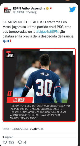 ESPN удалил пост с прощальными словами Месси перед уходом из ПСЖ